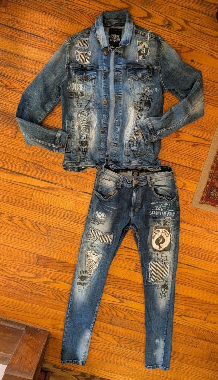 Copper Rivet Streetwear Y2K Distressed Jean Jacket & Slimming Jeans Mens M 32X32
